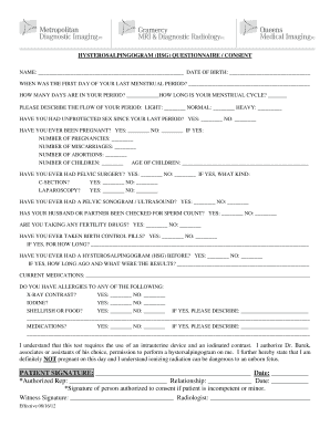 HYSTEROSALPINGOGRAM HSG QUESTIONNAIRE CONSENT XRays  Form