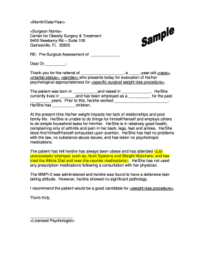 Sample Psychiatric Clearance Letter for Bariatric Surgery  Form