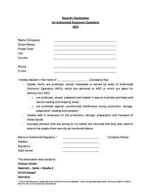 Security Declaration for Authorized Economic Operators AEO  Form