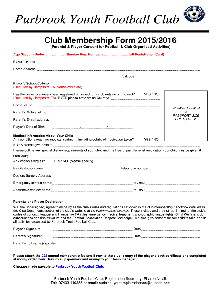 Purbrook Youth Football Club Player Membership Form