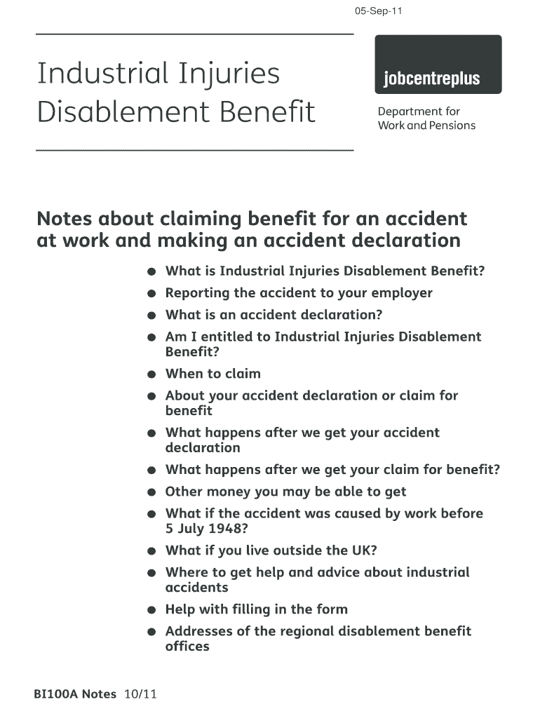  Form BI100A  Industrial Injuries Disablement Benefit  27 Pages to    Nwpolfed 2011