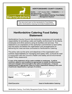 Food Safety Policy Hertfordshire Catering Food Safety Management System Food Safety  Form