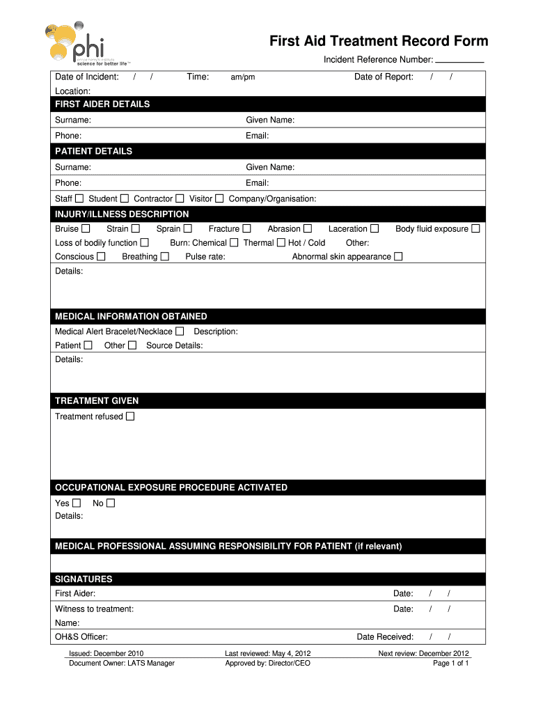  First Aid Treatment Record Form 2012-2024