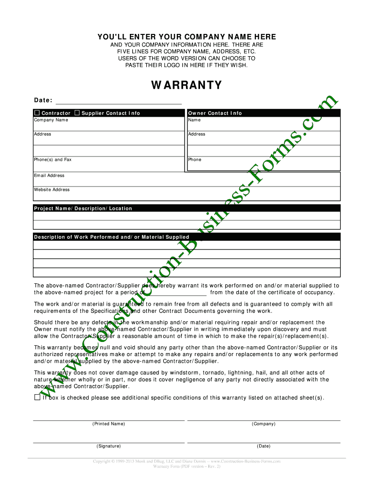 Warranty Form for Construction