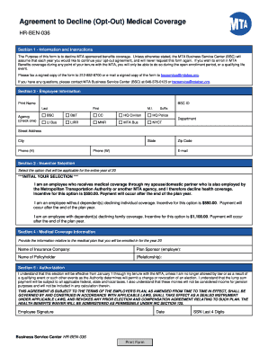 Agreement to Decline Opt Out Medical Coverage Ucm Mtabsc  Form