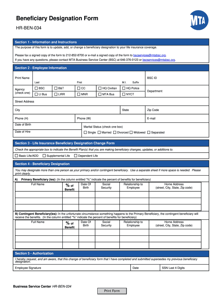 Designation of Beneficiary Forms Mta