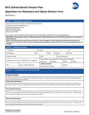 MTA Defined Benefit Pension Plan Application for Retirement and Option Election Form DB PEN 011 Section 1 Information and Instru