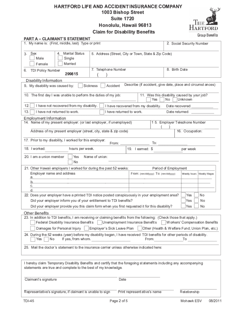 Hartford Tdi 45 Claim Form Fill Out and Sign Printable