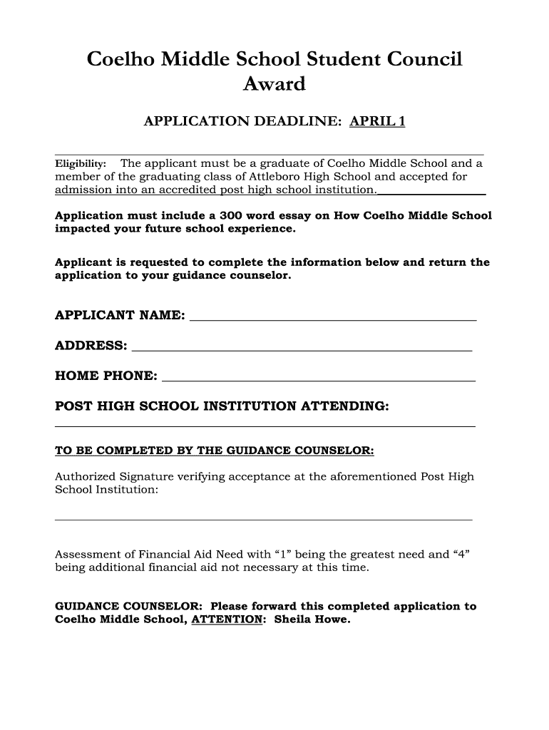 Coelho Middle School Student Council Award Attleboro Public  Form