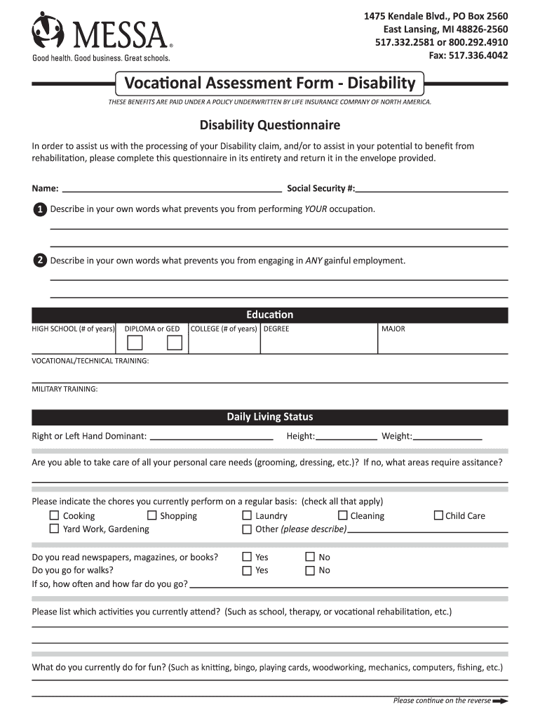  Vocational Assessment Form Disability  Messa  Messa 2009