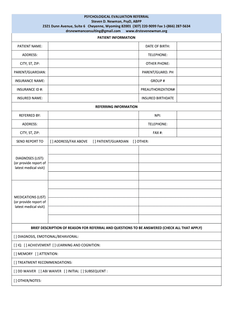 Psychological Evaluation Referral Form TherapySites