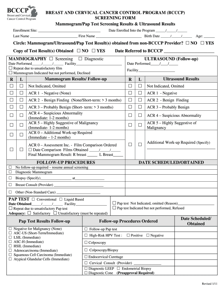 SCREENING FORM MammogramPap Test Screening Results Michigancancer