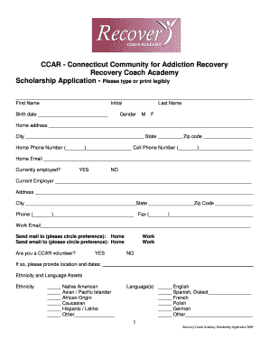 CCAR Recovery Coach Academy Scholarship Application  Form