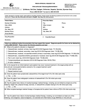 Medical Mutual Prior Auth Form for Vicosupplementation