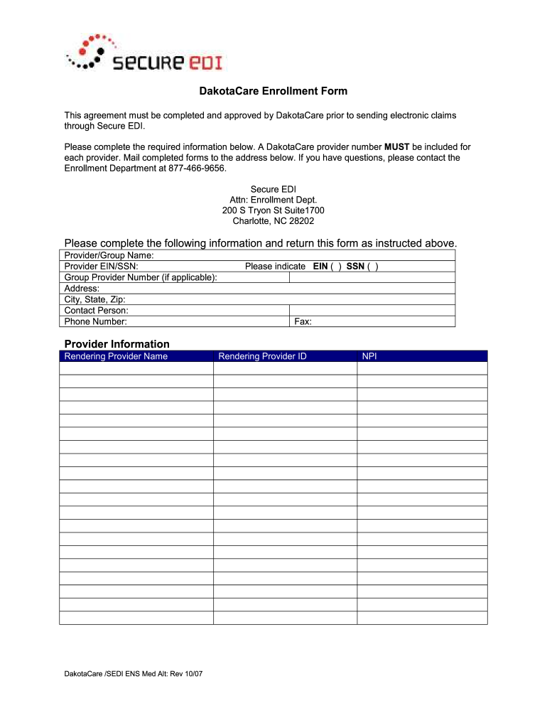  DakotaCare Enrollment Form Please Complete the    Secure EDI 2007-2024