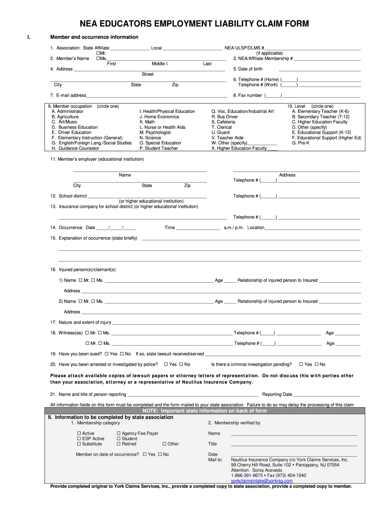 Nea Educators Employment Liability Claim Form  Kentucky Education    Pv Gae2