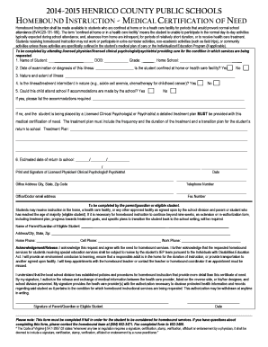 Certification for Need for Homebound Instruction Henrico County  Form