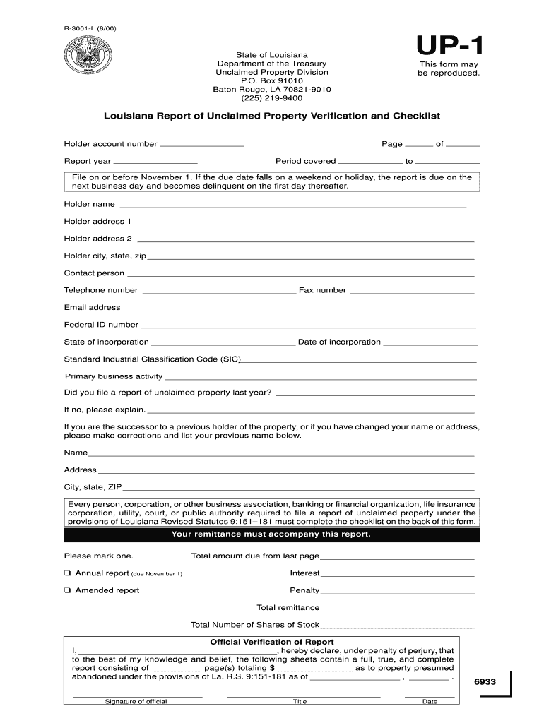  Louisiana Report of Unclaimed Property Verification and Checklist 2000