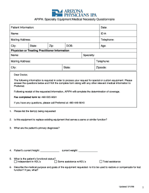 APIPA Specialty Equipment Request Questionnaire  Form