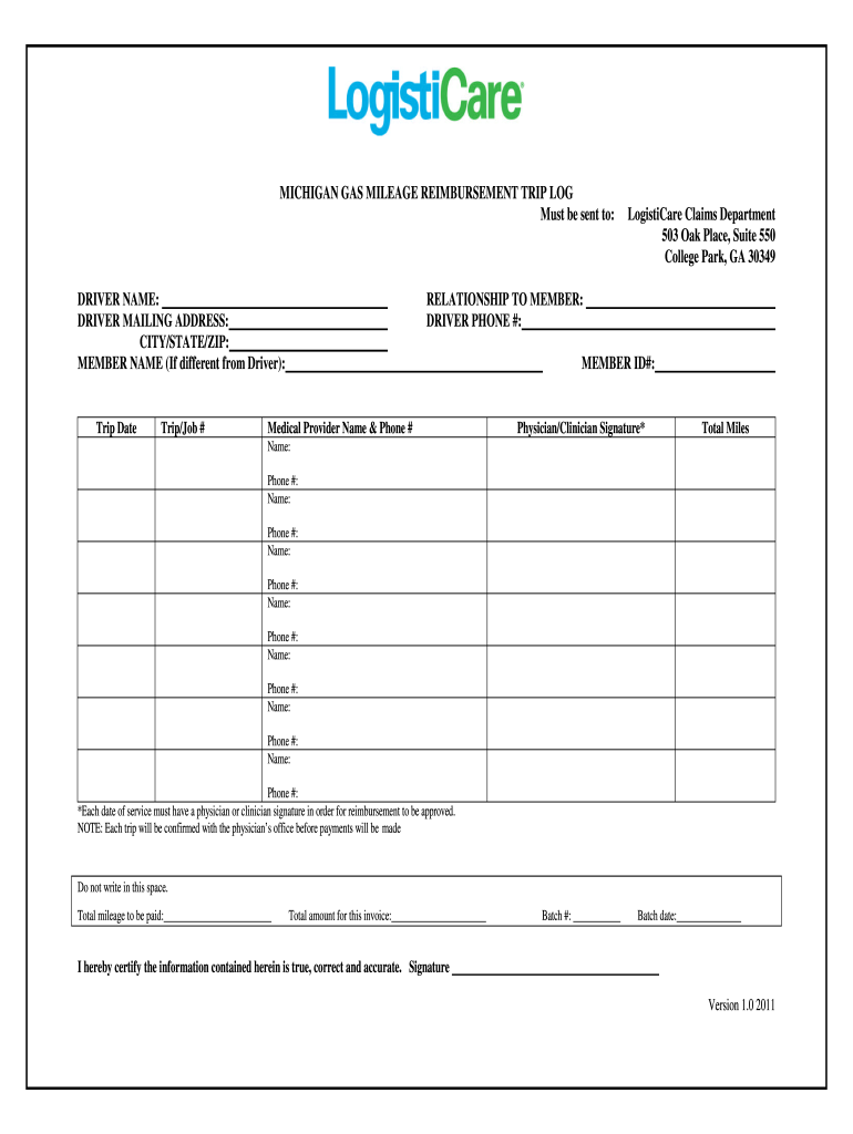 Get and Sign Logisticare Gas Reimbursement Schedule Michigan Form 2011