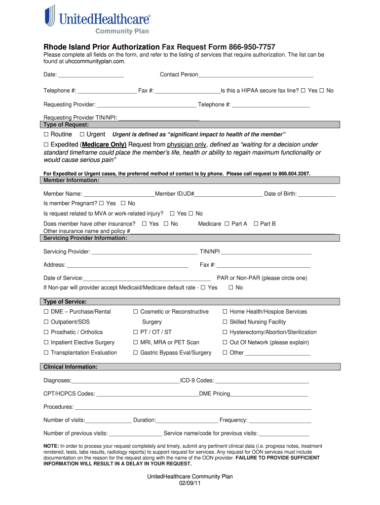  Rhode Island Prior Authorization Fax Request Form 866 950 7757 2011-2024