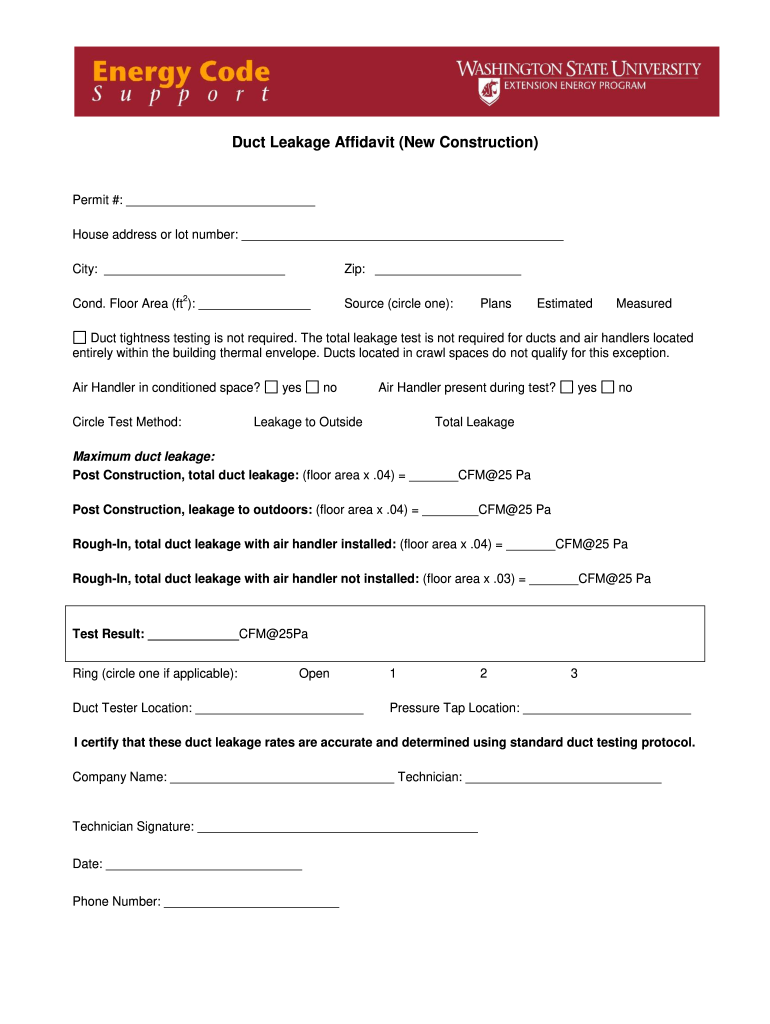 Duct Leakage Affidavit New Construction Energy Wsu  Form