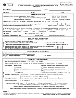  Breast &amp; Cervical Historyexam Screening Form 2010