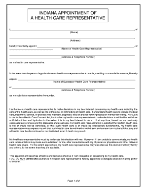 INDIANA APPOINTMENT of a HEALTH CARE REPRESENTATIVE  Form