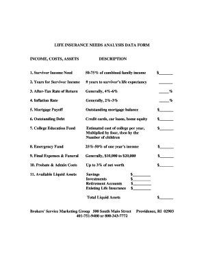 Life Insurance Needs Analysis Worksheet  Form