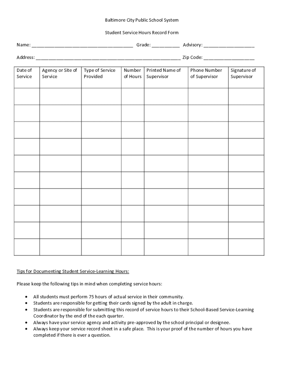  Hours Record Form Baltimore City Public Schools Baltimorecityschools 2012-2024