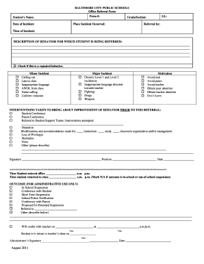 Office Referral Form Baltimore City Public School System Baltimorecityschools