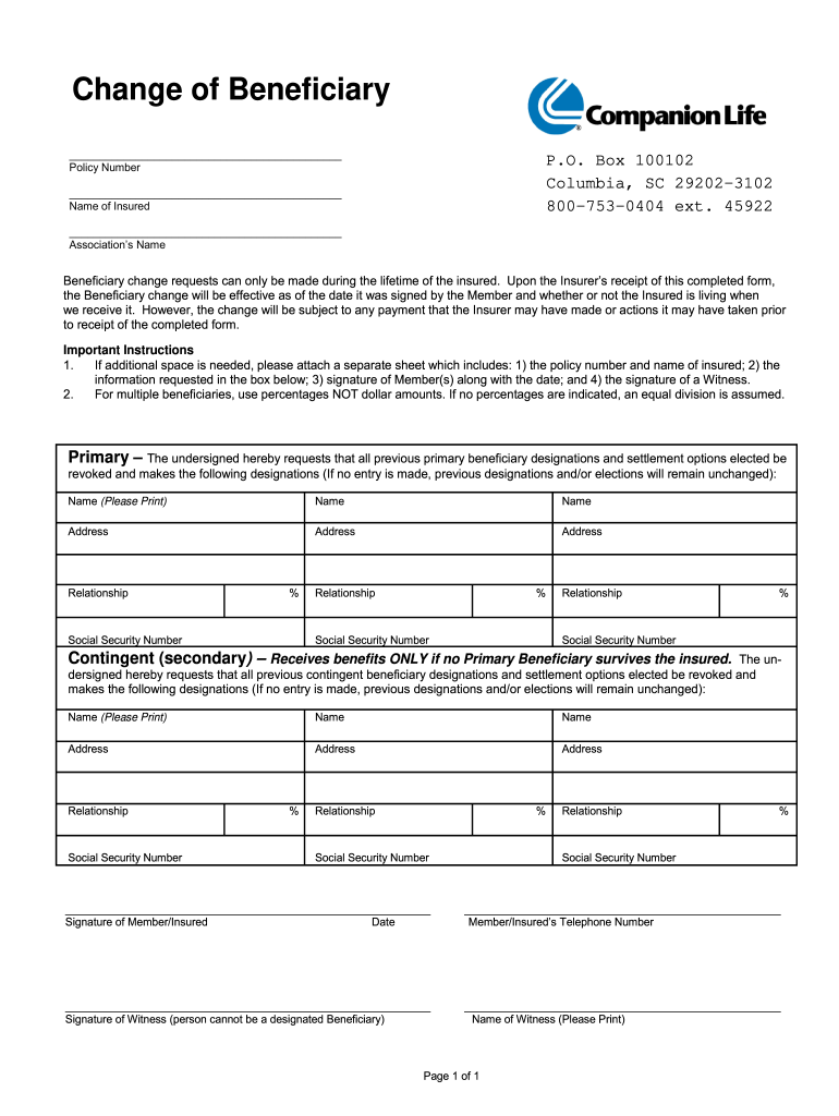 Companion Change of Beneficiary Form