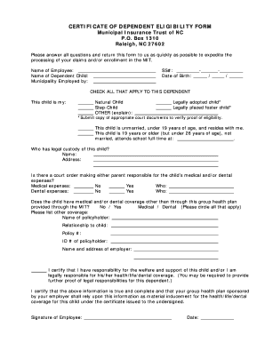 Dependent Certificate  Form