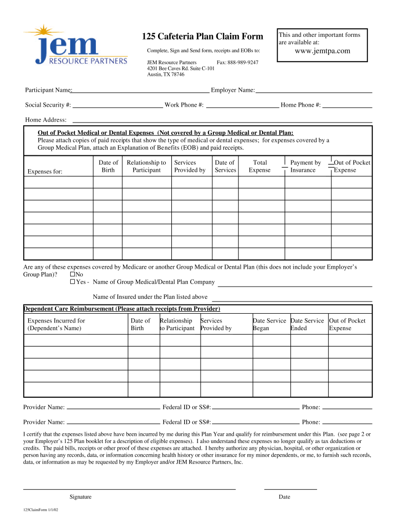  125 FSA Claim Form  Gccisd 2002-2024