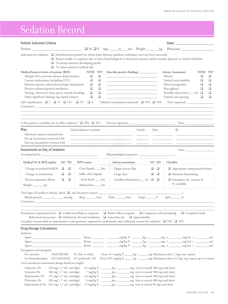 Pediatric Sedation Record  Form