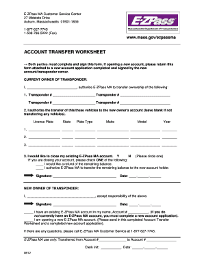 Fast Lane Individual Account Transfer Worksheet MassDOT Massdot State Ma  Form