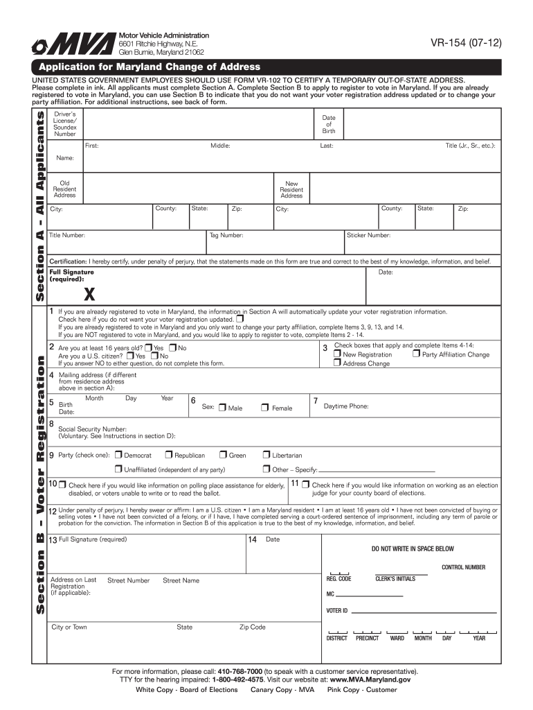  Address Maryland Change  Form 2012