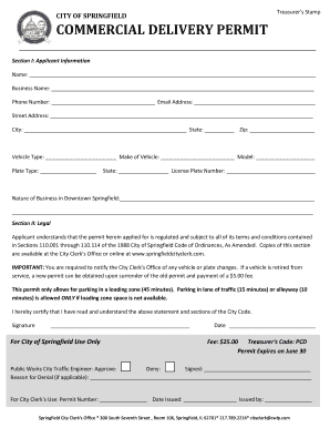 CITY of SPRINGFIELD Treasurer&#039;s Stamp COMMERCIAL DELIVERY PERMIT  Form