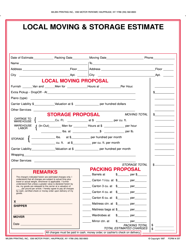 Moving Estimate Template  Form