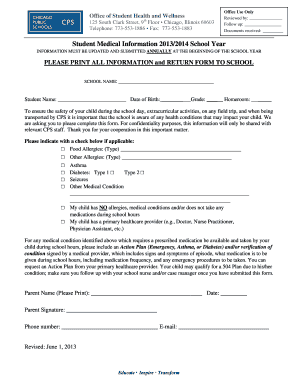  Student Medical Information Form Chicago Public Schools Cps 2013