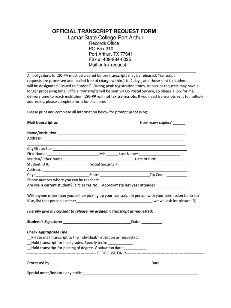 Lamar Transcript Request  Form