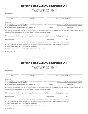 Motor Vehicle Liability Insurance Card North Star Mutual Insurance  Form