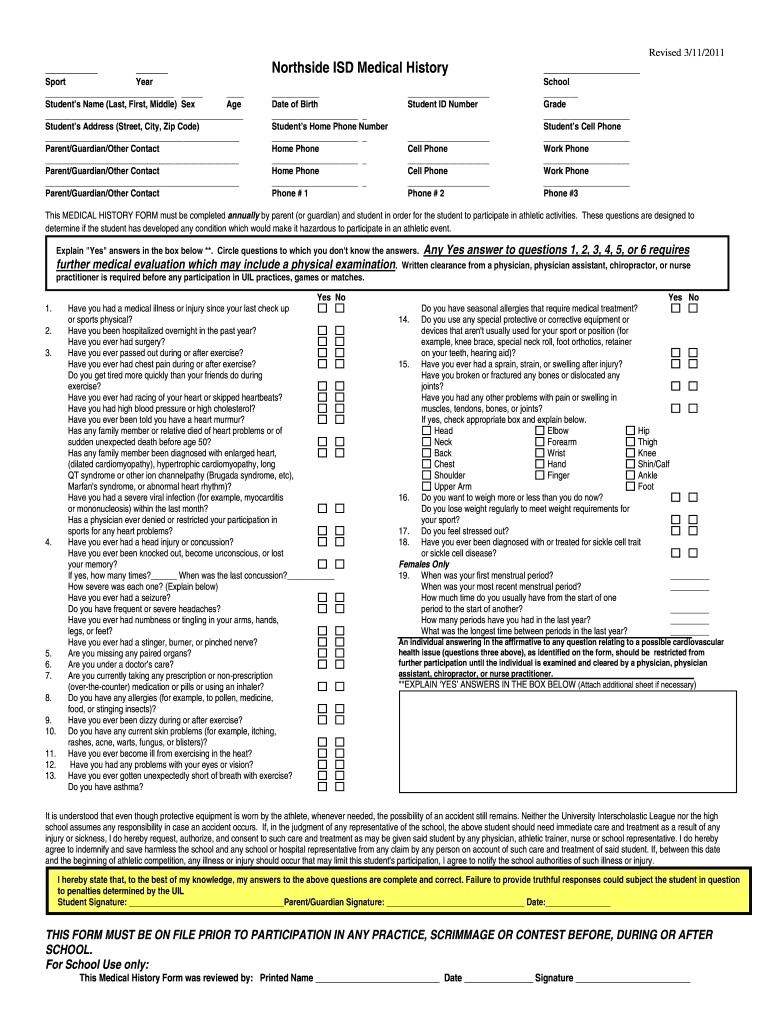  Nisd Physical Form 2011