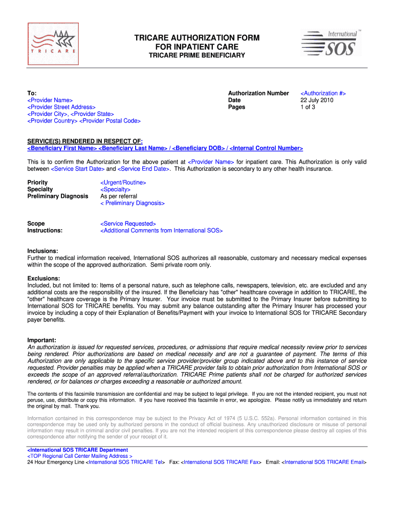 Sample International SOS Authorization Form  TRICARE Overseas