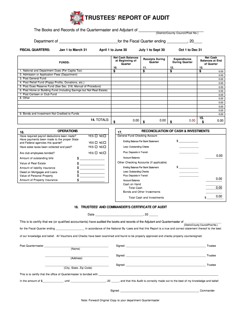 Vfw Trustees' Report of Audit Form Fillable
