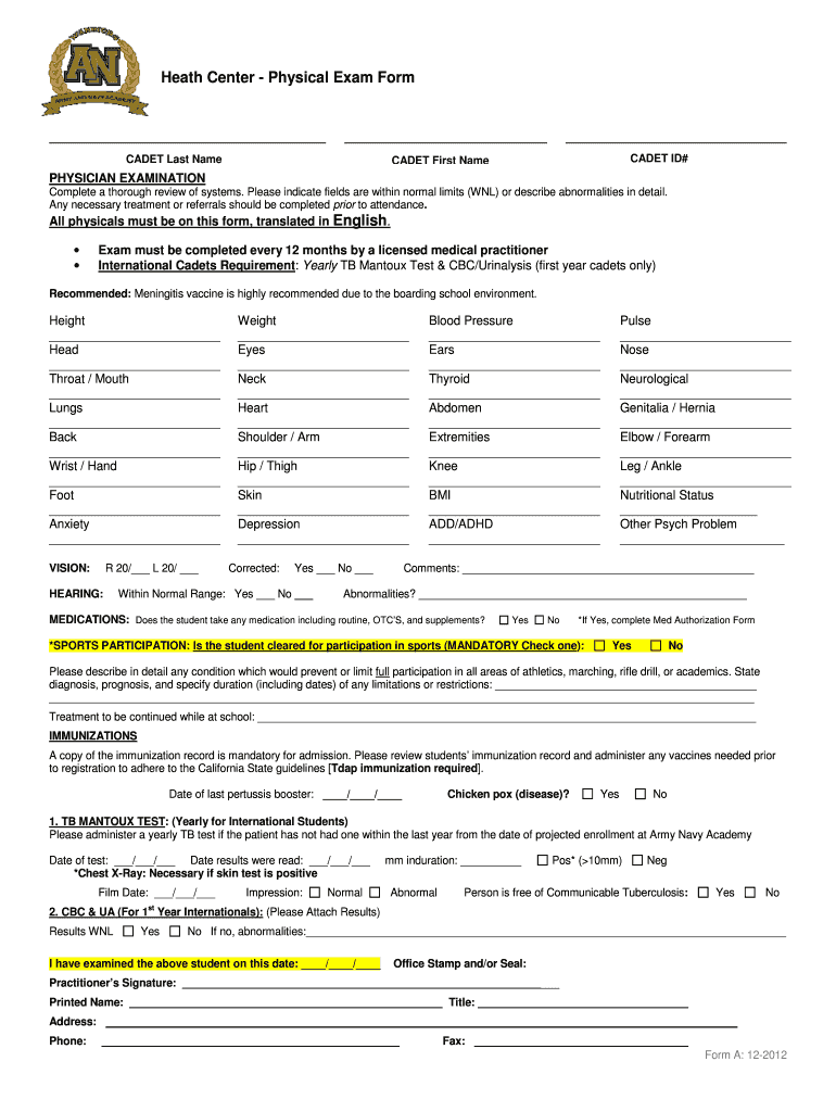  Heath Center  Physical Exam Form  Army and Navy Academy  Armyandnavyacademy 2012-2024