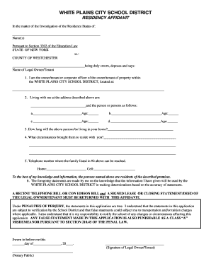 Residency Affidavit White Plains Public Schools  Form