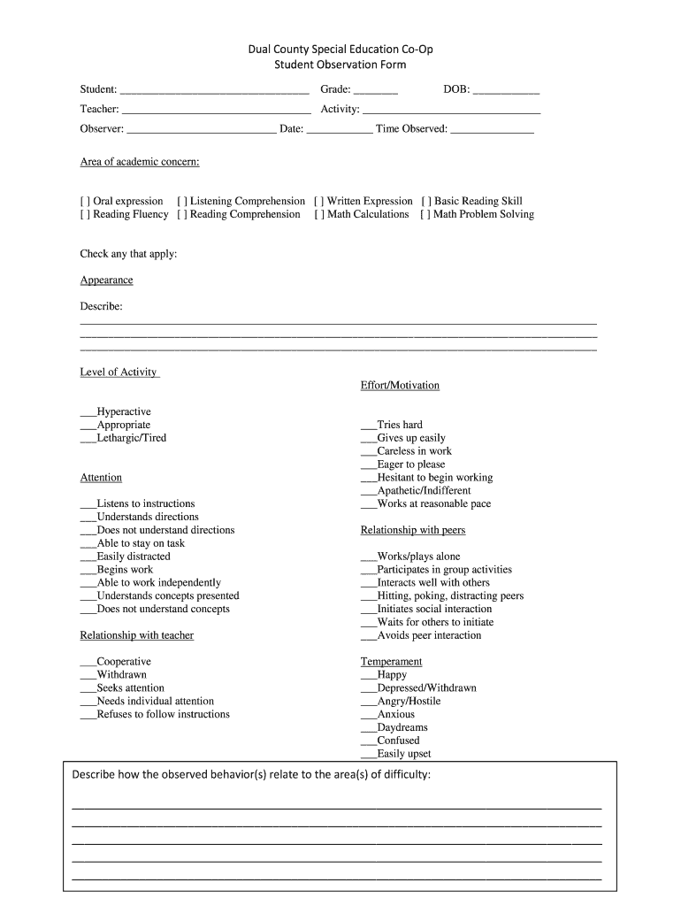 Student Behavior Observation Report Sample: Complete with ease ...