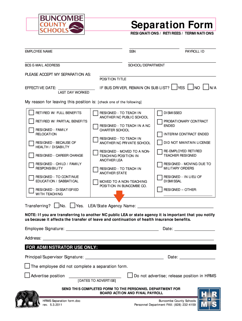 Separation Form Buncombe County Schools Buncombe K12 Nc