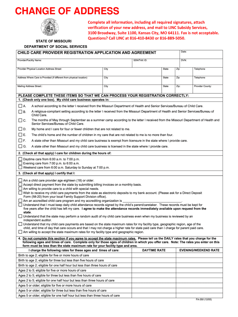 FA 350 RENEWAL and ADDRESS CHANGE CHILD CARE PROVIDER REGISTRATION DOC  Form